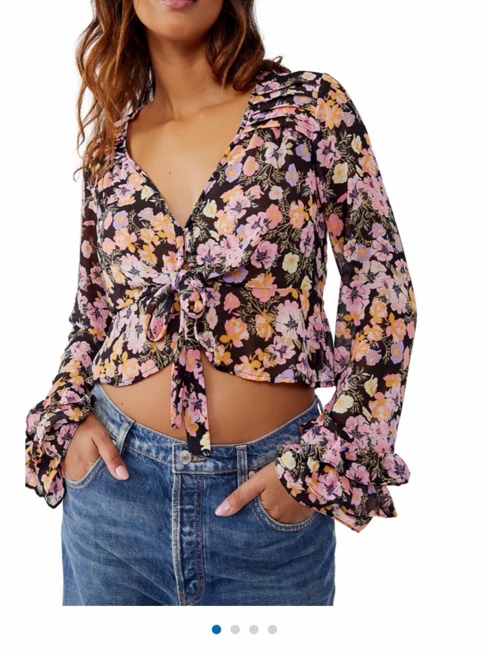 Free People Maybel Floral Tie-Front Ruffle Blouse Black  M